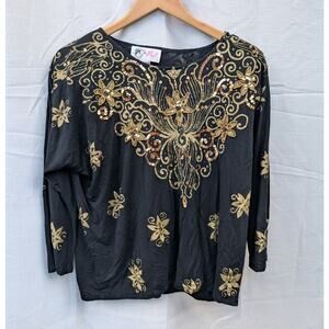 Pret Womens Vintage Beaded Floral Blouse‎ Sz M/L Glam Party Boho Gold Black 90s
